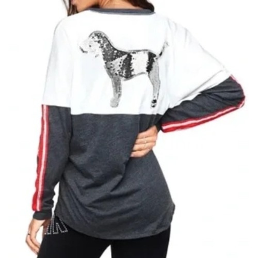 NWOT PINK Victoria's Secret Sequin Dog Long Sleeve V Neck T Shirt Women's Size M